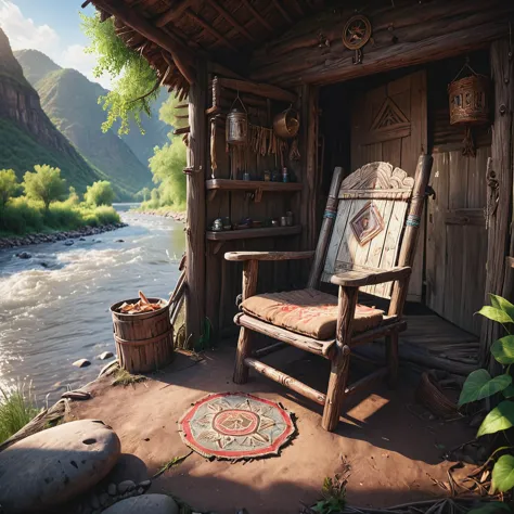 peaceful shack on the side of a river, empty chair, best quality, (intricate emotional details:1.5), sharpen details, ultra detailed, cinematic lighting,  overhead shot
 <lora:add-detail-xl:0.8>,  <lora:xl_more_art-full_v1:0.8>