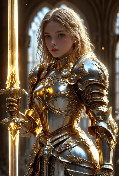 a close up of a woman in armor holding a sword