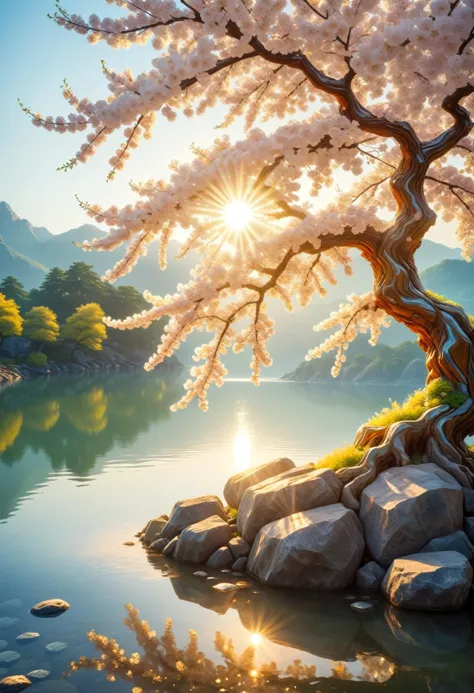 calligraphyinkstyle, sunlight, midday sun, summer, volumetric lighting, sunshine reflected in the water, sunrise, detailed background, peaceful atmosphere, detail colour is yellow, a cherry blossom tree, blooming flowers,<lora:tweak-detail-xl:0.7>, gems made of ral-ntrgmstn, <lora:ral-ntrgmstn-sdxl:0.9> <lora:SDXLFaeTastic2400:0.1>