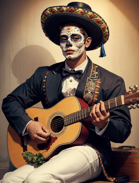 illustration, CatrinaMaquillage, Jour des morts + mariachi jouant de la guitare + sombrero + costume charro, visage masculin mignon et jeune, regarder le spectateur, Réaliste, photo professionnelle 4k, haute résolution, Détails élevés 