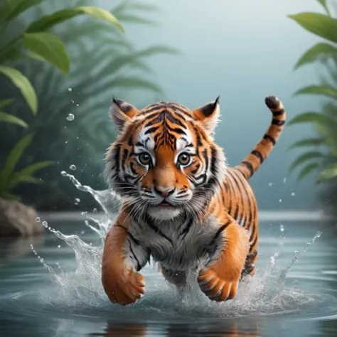 tiger running in water with jungle background