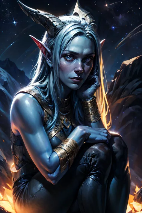 seulement,1fille,portrait femme tiefling,Peau BLEUE,(assis sur la colline,regarder les étoiles),hyperdéfini,détail complexe,éclairage complexe,contexte détaillé,esthétique fantastique 