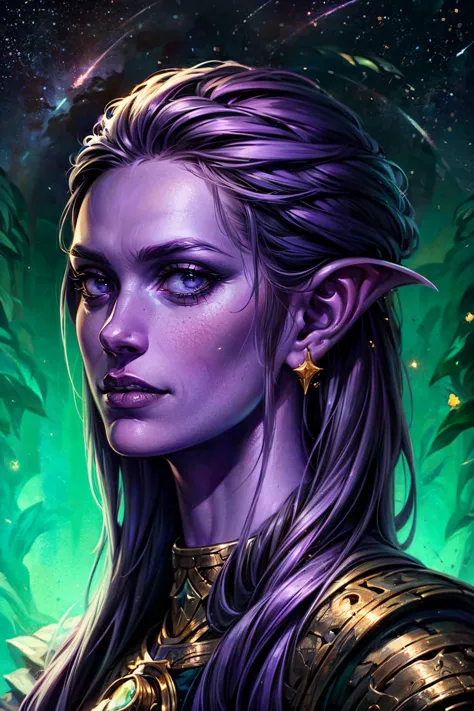 solo,1girl,portrait tiefling female,purple skin,(looking at stars),hyperdefined,intricate detail,complex lighting,detailed backg...