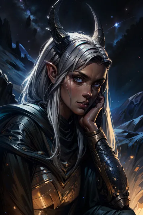 solo,1girl,portrait tiefling female,dark gray skin,(sitting on hill,looking at stars),hyperdefined,intricate detail,complex lighting,detailed background,fantasy aesthetic 