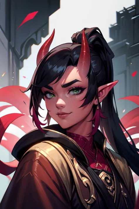 highres, masterpiece, perfect lighting, bloom, cinematic lighting, adult, female, looking at viewer, (RSEEmma:1.5),tiefling, (colored skin, red skin), horns, demon horns, oni horns, dragon horns, tail, pointy ears, side-swept bangs, black hair, pink IncursioDipDyedHair, messy mid ponytail, green eyes, thick eyebrows, freckles, smile 