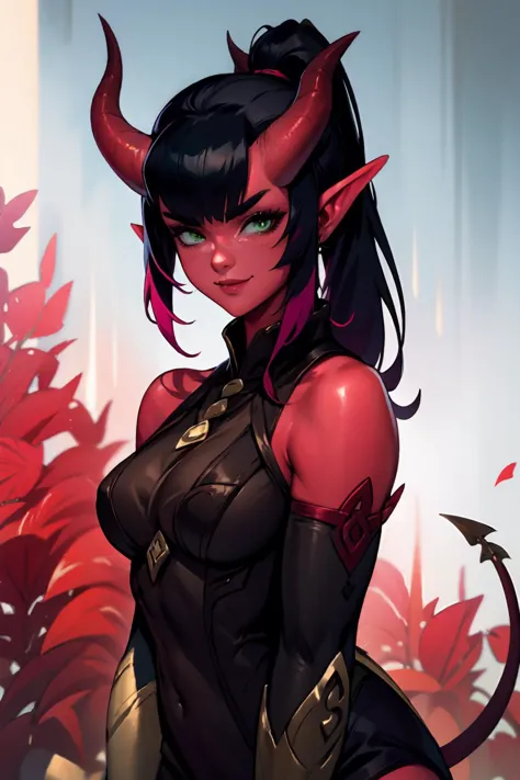 highres, masterpiece, perfect lighting, bloom, cinematic lighting, adult, female, looking at viewer, (RSEEmma:1.5),<lora:RSERomantic_RSESofiko_RSEEmma-v1:0.3>, <lora:tiefling_offset:1> tiefling, (colored skin, red skin), horns, demon horns, oni horns, dragon horns, tail, pointy ears, side-swept bangs, black hair, pink IncursioDipDyedHair, messy mid ponytail, green eyes, thick eyebrows, freckles, smile <lora:DipDyedHair:1>