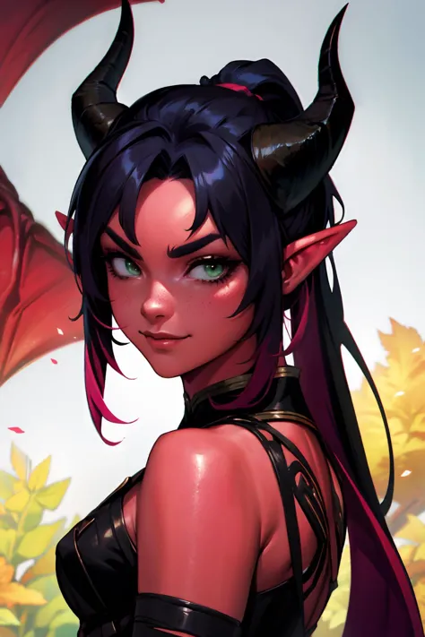 highres, masterpiece, perfect lighting, bloom, cinematic lighting, adult, female, looking at viewer, (RSEEmma:1.5),<lora:RSERomantic_RSESofiko_RSEEmma-v1:0.3>, <lora:tiefling_offset:1> tiefling, (colored skin, red skin), horns, demon horns, oni horns, dragon horns, tail, pointy ears, side-swept bangs, black hair, pink IncursioDipDyedHair, messy mid ponytail, green eyes, thick eyebrows, freckles, smile <lora:DipDyedHair:1>