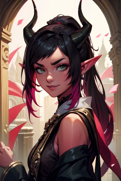 highres, masterpiece, perfect lighting, bloom, cinematic lighting, adult, female, looking at viewer, (RSEEmma:1.5),<lora:RSERomantic_RSESofiko_RSEEmma-v1:0.3>, <lora:tiefling_offset:1> tiefling, colored skin, horns, demon horns, oni horns, dragon horns, tail, red skin, pointy ears, side-swept bangs, black hair, pink IncursioDipDyedHair, messy mid ponytail, green eyes, thick eyebrows, freckles, smile <lora:DipDyedHair:1>