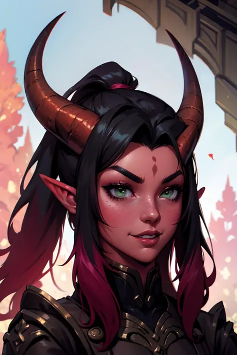 highres, masterpiece, perfect lighting, bloom, cinematic lighting, adult, female, looking at viewer, (RSEEmma:1.5),tiefling, (colored skin, red skin), horns, demon horns, oni horns, dragon horns, tail, pointy ears, side-swept bangs, black hair, pink IncursioDipDyedHair, messy mid ponytail, green eyes, thick eyebrows, freckles, smile 