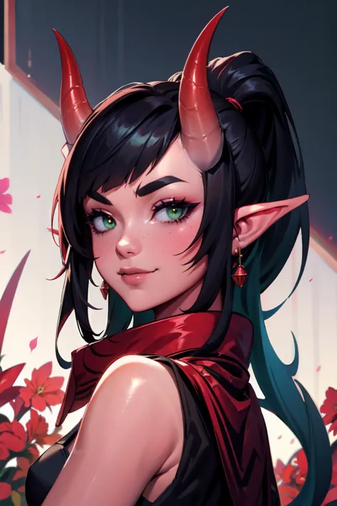 highres, masterpiece, perfect lighting, bloom, cinematic lighting, adult, female, looking at viewer, (RSEEmma:1.5),<lora:RSERomantic_RSESofiko_RSEEmma-v1:0.3>, <lora:tiefling_offset:1> tiefling, (colored skin, red skin), horns, demon horns, oni horns, dragon horns, tail, pointy ears, side-swept bangs, black hair, pink IncursioDipDyedHair, messy mid ponytail, green eyes, thick eyebrows, freckles, smile <lora:DipDyedHair:1>