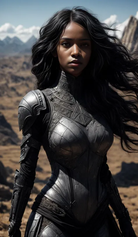 American Shot, 25yo black african girl, black skin, very long black hair, futuristic body armor, grim looking, sunny day
endless...