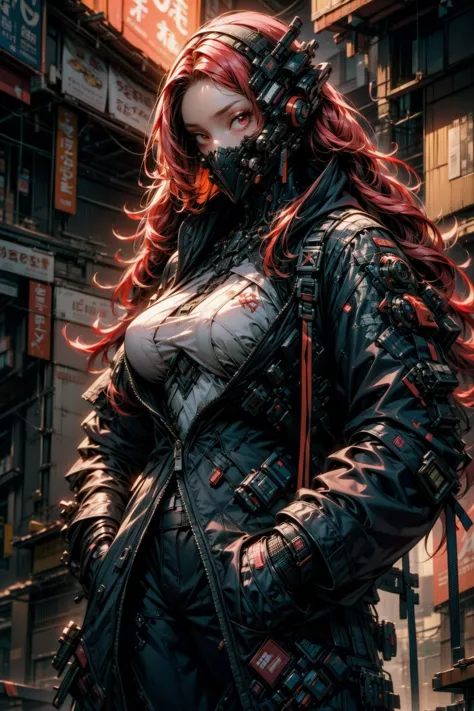 a woman in a black jacket and red hair standing in front of a building