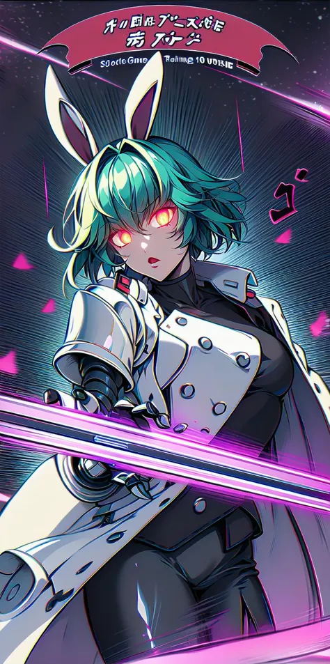 solo, 1girl, (white long fluffy bunny ears.1.5), green hair, <lyco:GoodHands-beta2:1.0>, <lyco:image_compositionLoCon:1.0>,black military uniform, jacket, jet black skirt, red tie, oversized mechanical gauntlets, claws on fingers, (red glowing eyes:1.5), violence, <lyco:Robotaction:0.2>, debris, motion lines, speed lines, <lora:urbantechwear:0.35>, techwear, outfit, mechanical limbs, exciting camera angle, MenacingJojo, text, <lora:MenacingJojo:1>, red eyes, full armor, power armor, mecha, gundam, (PALE SKIN:1.25), <lora:add_detail:0.35>, nice hands, perfect hands, military jacket, overcoat,