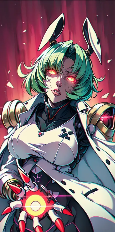 solo, 1girl, (white long fluffy bunny ears.1.5), green hair, <lyco:GoodHands-beta2:1.0>, <lyco:image_compositionLoCon:1.0>,black military uniform, jacket, jet black skirt, red tie, oversized mechanical gauntlets, claws on fingers, (red glowing eyes:1.5), violence, <lyco:Robotaction:0.2>, debris, motion lines, speed lines, <lora:urbantechwear:0.35>, techwear, outfit, mechanical limbs, exciting camera angle, MenacingJojo, text, <lora:MenacingJojo:1>, red eyes, full armor, power armor, mecha, gundam, (PALE SKIN:1.25), <lora:add_detail:0.35>, nice hands, perfect hands, military jacket, overcoat,