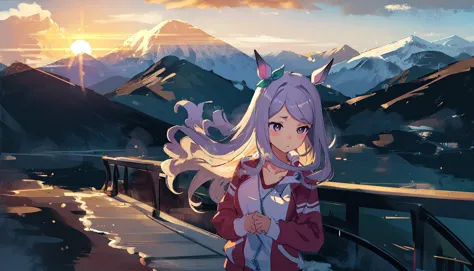 anime girl standing on a bridge overlooking a mountain range