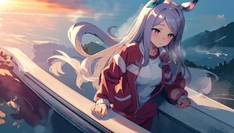 anime girl with long white hair standing on a boat in the ocean