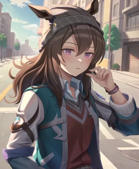 a close up of a person on a street with a cat ear