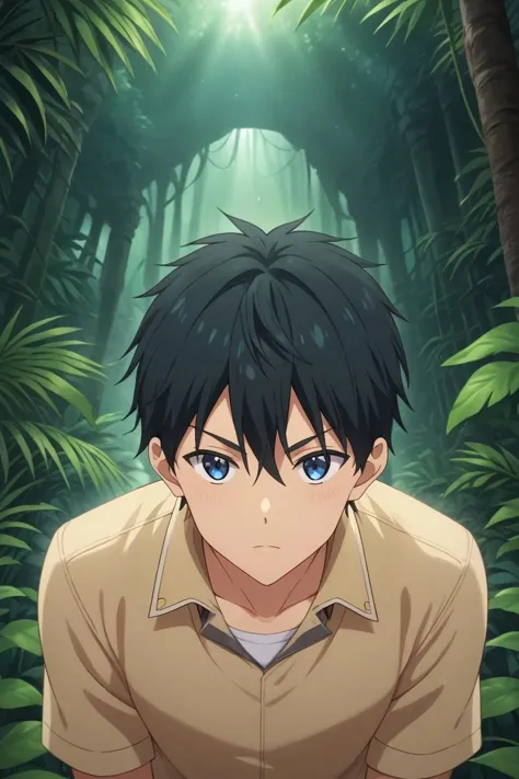 a man in a brown shirt standing in a forest with trees