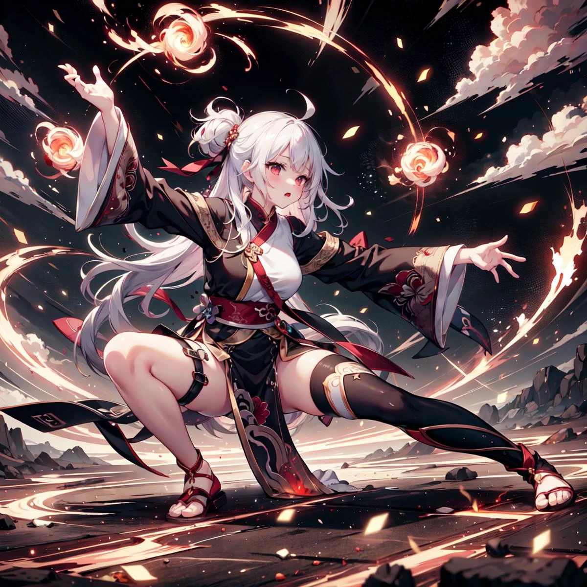 masterpiece, best quality, official art, extremely detailed CG unity 8k wallpaper, 1girl, kung fu, fighting stance, open palm,  explosionmagic , excessive energy, smoke, glowing aura, swirl, outdoor, temple, night, fire