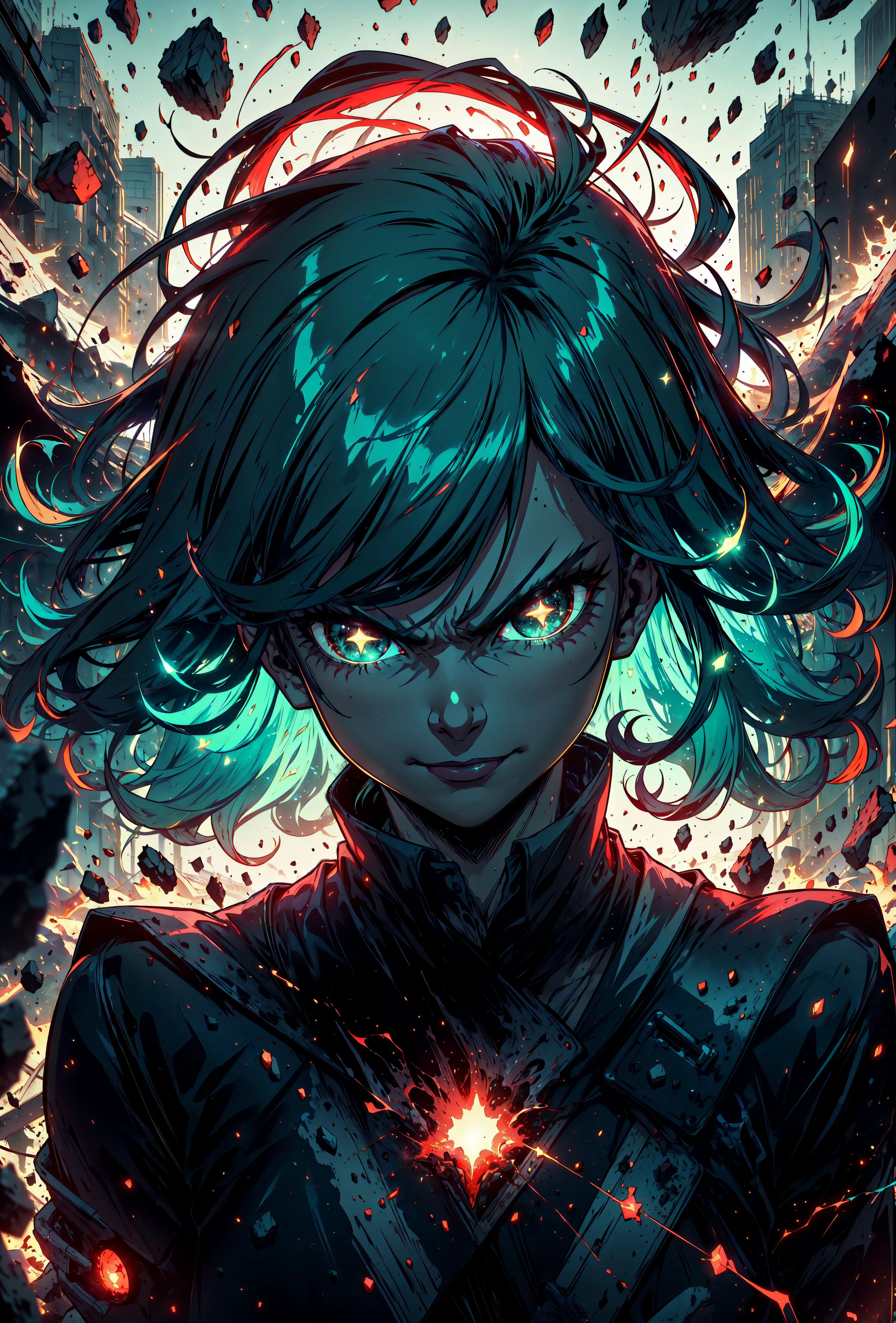 explosionmagic , r1ge, (masterpiece, best quality, realistic, detailed, crisp:1.2), splash art, (portrait, high contrast), tatsumaki, 1gjrl, glowing eyes, green hair, closed mouth, manic smile, angry, backlighting, heavy shadows, debris, sparkles,