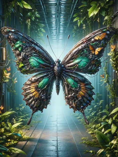 A vivid ais-postdyz butterfly, flitting gracefully through a lane of soft neon and natural light, a symbol of renewal in a world...