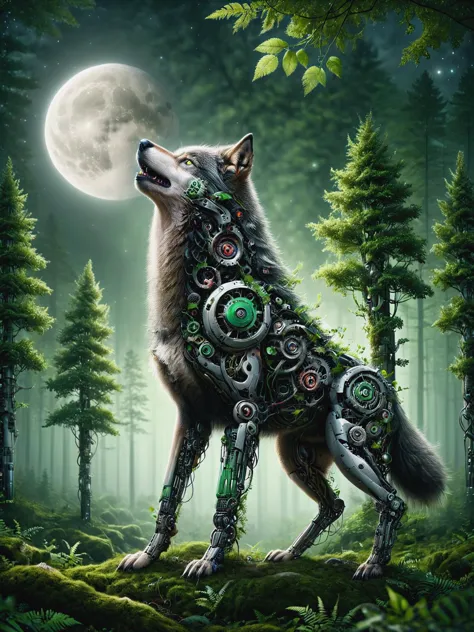 ais-postdyz wolf, standing at the edge of a lush forest, howling at a bright moon <lora:After_Mech_Dyst:1>
