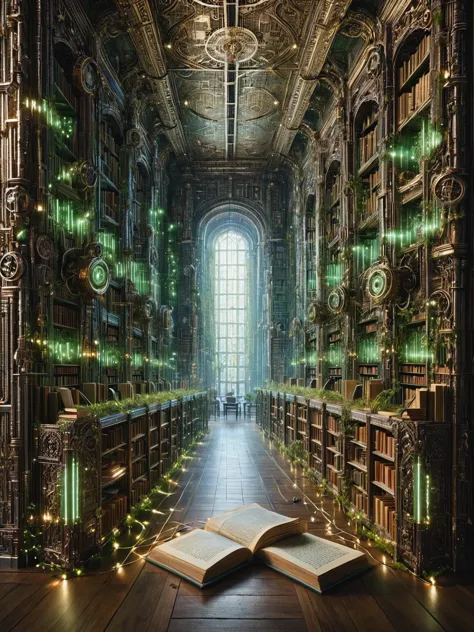 ais-postdyz library, where books meld with circuitry, illuminated manuscripts with glowing text, amidst a hush of quiet mechanis...
