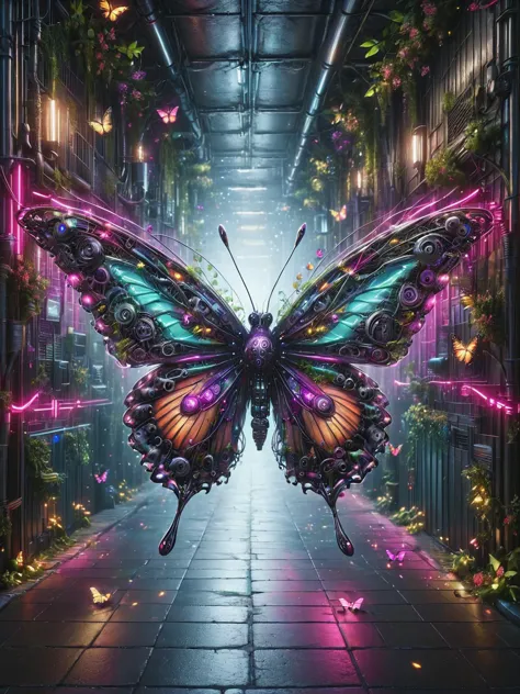 A colourful ais-postdyz butterfly, fluttering delicately through an alley of flickering neon, a brief burst of color in a monoch...