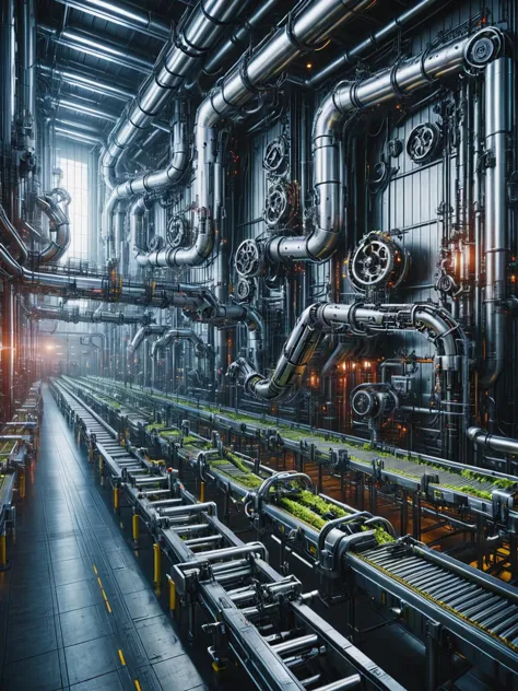ais-postdyz production facility, with a maze of conveyors and mechanical arms, humming with activity, in the glow of soft, ambie...