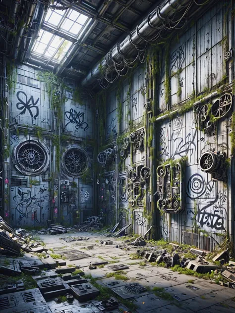 ais-postdyz abandoned hangar, now a rebel hideout, walls tagged with graffiti, amidst scattered tech and blueprints <lora:After_...