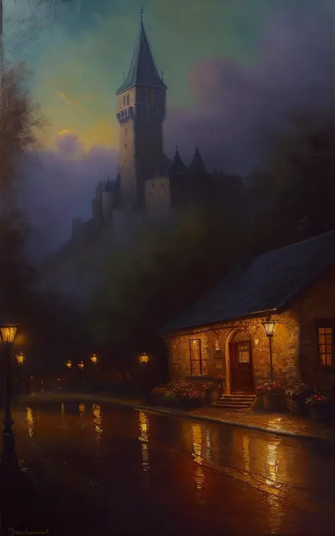 (distant view:1.3),(award-winning oil painting:1.3), (8k, oil painting, best quality:1.3), (realistic, oil-painting:1.1), A gorgeous and intricate castle in Cozy bakery, fresh pastries, warm aroma, inviting, charming,  Portait of a (outdoors landscape:1.5)...