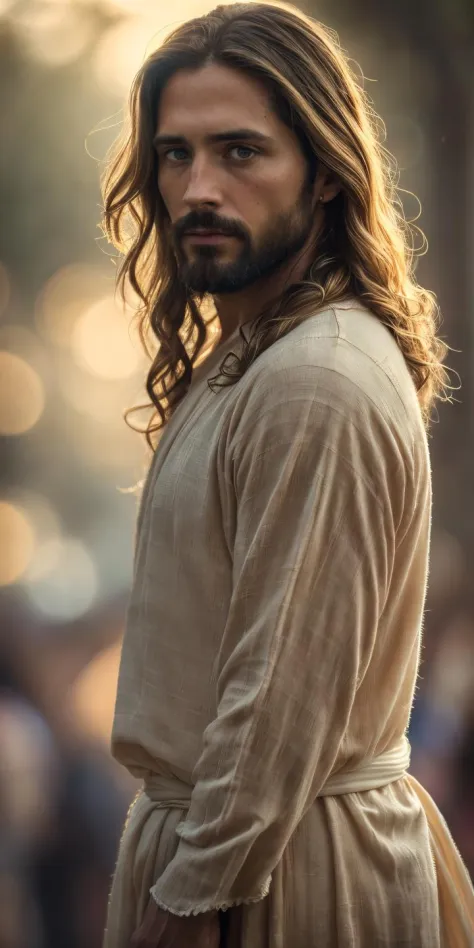 portrait of modern day Jesus, cinematic lighting, depth of field, bokeh, realism, photorealistic, hyperrealism, professional photography, uhd, dslr, hdr