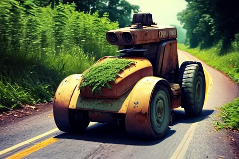 Photo of "road cutter": autonomous rusty robot lawnmower and weed trimmer combined traveling down road overgrown with kudzu, postapocalypse, photorealistic, color vintage photo