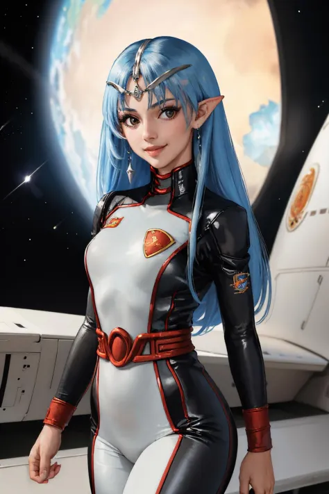 (masterpiece, best quality:1.2), solo, 1girl, abriel lafiel, smile, looking at viewer, circlet, bodysuit, outer space <lora:cres...