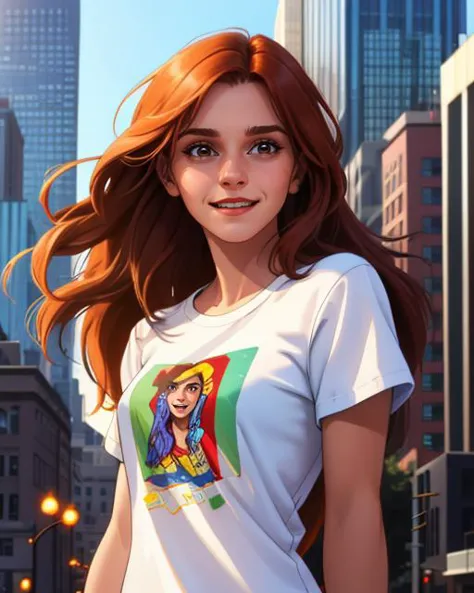 Digital comic painting, of <lora:emwts:0.95> emwts, adult, upper body, long hair, happy expression, wearing a simple tshirt, cit...