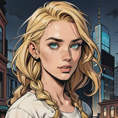 Digital comic Artwork of portrait, the most beautiful woman in the world, (happy:1.2), braided hair, blond, Eva Müller, 20 years old, german, (emerald eyes:0.8), (freckles:0.8), casual clothes, city background, cute, epic, cinematic, dynamic, sharp, detailed, HD, HDR, 8K, best quality, best resolution, maximalist, masterpiece, sharp lines, crosshatching, colorful, graphic novel style, vivid colors