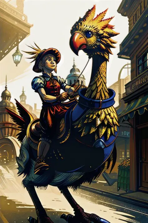 a close up of a person riding a bird on a street