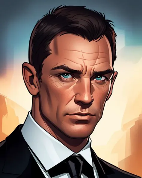 Digital comic painting, of James Bond, portrait, 2D, digital artwork, detailed, sharp, HD, HDR, 8K, best quality, best resolutio...