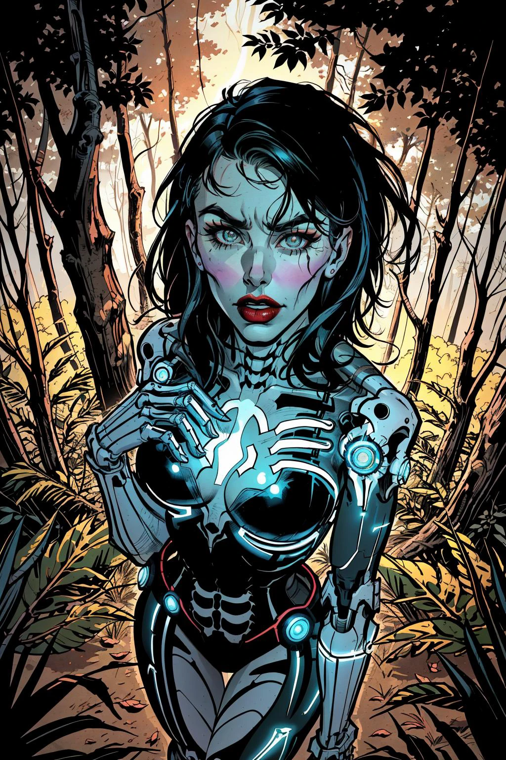 achechik masterpiece, best quality, 1girl, a woman in a skeleton costume with glowing arms and chest, in a forest with trees and branches, with a glowing light on her chest, detailed lighting, cyberpunk art, gothic art, red lips,standing, from above,  serious, furrowed brow,    