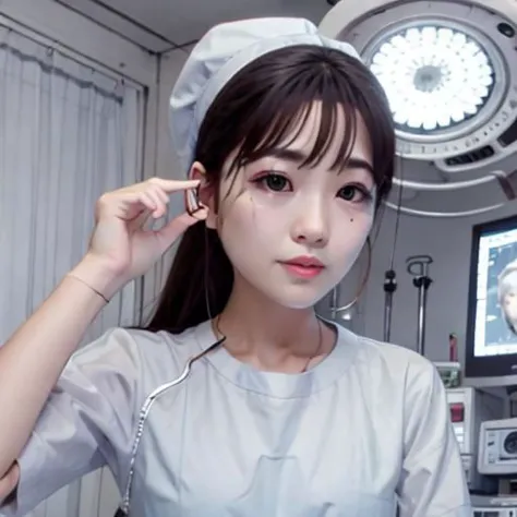 masterpiece,high quality, high resolution,ultra detailed,8k,surgeon,straight hair,two girls,pretty,black surgical gown,light blue gloves,brown short hair,surgical cap,eighteen years old,,standing surrounding the bed,operating room,big surgical lights,heart monitor,many medical devices,from side,steshoscope,(((evil smile,blood on clothes,black latex))),glare at wiewer,blonde