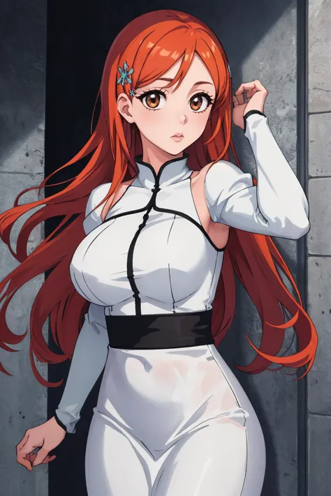 a woman in white is standing in a doorway with long red hair