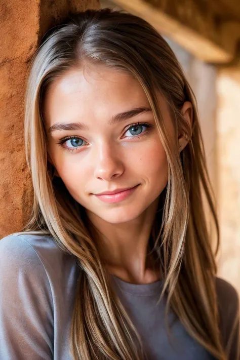 closeup headshot of S423_MilenaAngel,an attractive woman,in front of a (terracotta-wall:1.1),wearing a (shirt:1.1),(smiling),(4k...