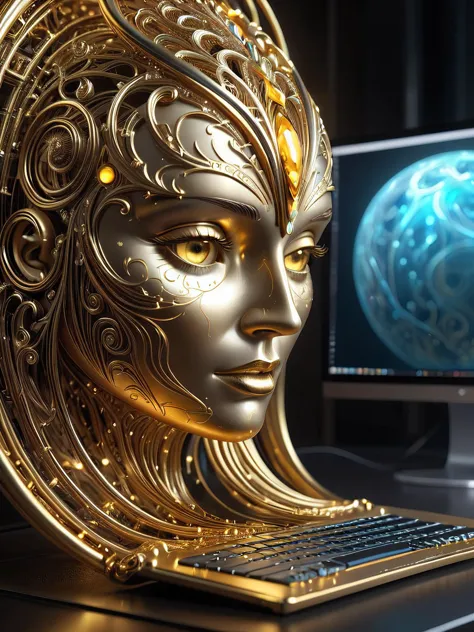 there is a gold statue of a woman with a computer on a desk