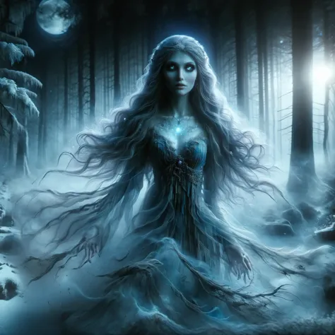 ral-mythcr, a Moonlit Nymph, a graceful figure that glows with the soft luminescence of moonlight. Beautiful enchanting eyes. She dances through the night, her movements ethereal and flowing, as she spreads a calming light through a darkened, enchanted snow covered forest, tranzp,GhostlyStyle,<lora:SDXLGhostStyle:0.75>,<lora:ral-mythcr:1>,<lora:tranzp:0.7>