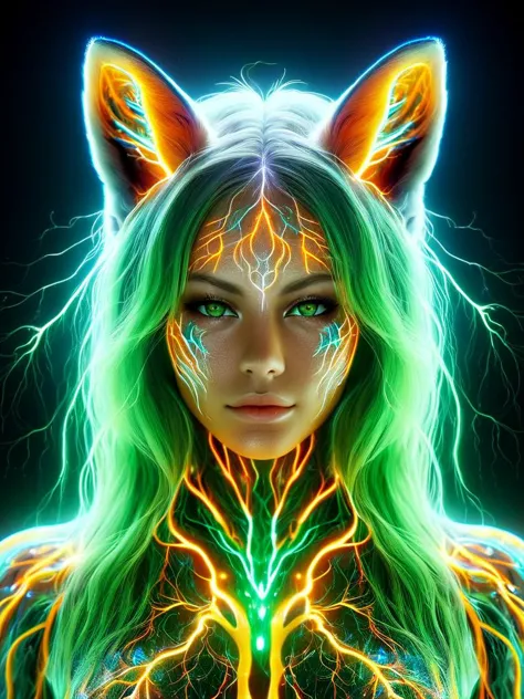 a woman with green hair and glowing eyes wearing a cat costume