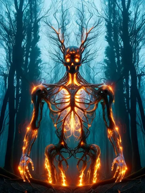 (corrupted tree fae asymmetrical robotic, vibrant upside down forest, (inside burning combat destruction bomb explosion fire cin...