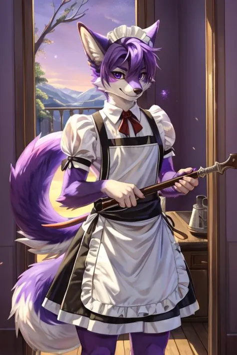 a woman in a maid outfit holding a wand and a cat