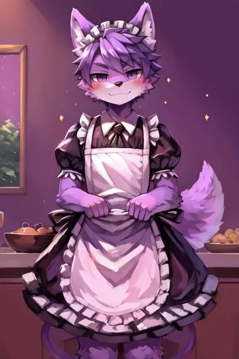 a cartoon cat in a maid outfit standing in front of a counter