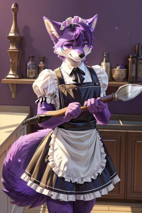 a woman in a purple dress holding a knife and a spoon