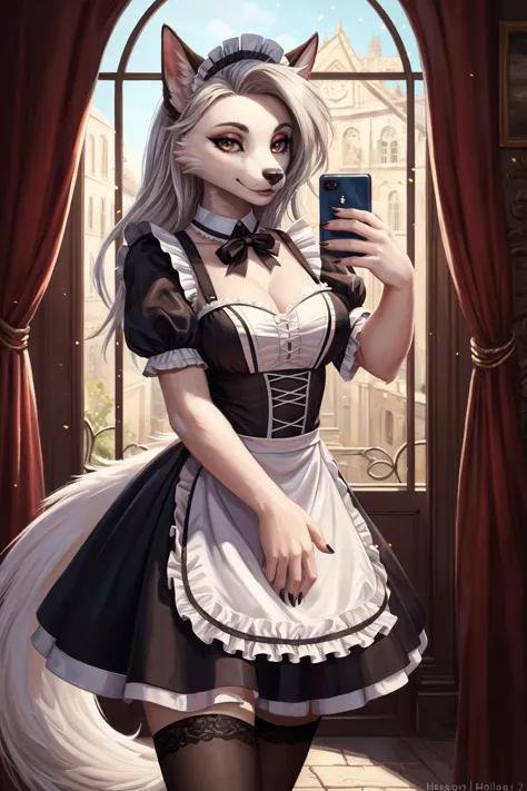 a woman in a maid outfit holding a cell phone